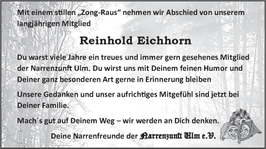 Traueranzeige von Reinhold Eichhorn von SÜDWEST PRESSE Ausgabe Ulm/Neu-Ulm