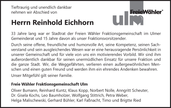 Traueranzeige von Reinhold Eichhorn von SÜDWEST PRESSE Ausgabe Ulm/Neu-Ulm