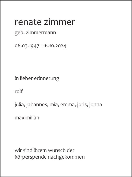 Traueranzeige von Renate Zimmer von SÜDWEST PRESSE Ausgabe Ulm/Neu-Ulm