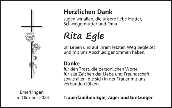 Traueranzeige von Rita Egle von Ehinger Tagblatt