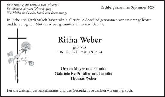 Traueranzeige von Ritha Weber von NWZ Neue Württembergische Zeitung