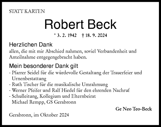 Traueranzeige von Robert Beck von Hohenloher Tagblatt