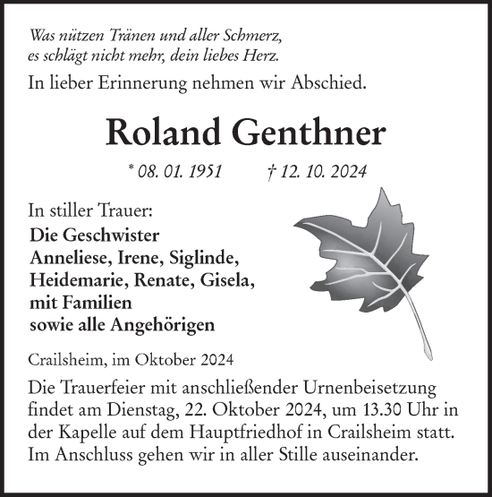 Traueranzeige von Roland Genthner von Hohenloher Tagblatt