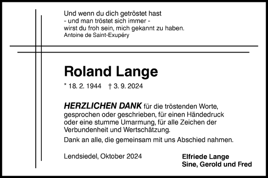 Traueranzeige von Roland Lange von Hohenloher Tagblatt