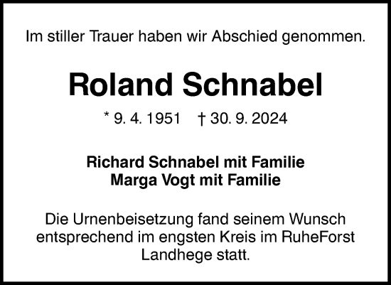 Traueranzeige von Roland Schnabel von Hohenloher Tagblatt