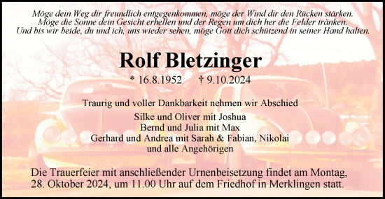 Traueranzeige von Rolf Bletzinger von SÜDWEST PRESSE Ausgabe Ulm/Neu-Ulm