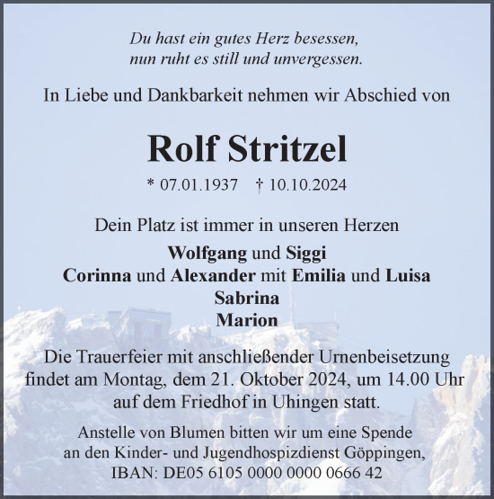 Traueranzeige von Rolf Stritzel von NWZ Neue Württembergische Zeitung