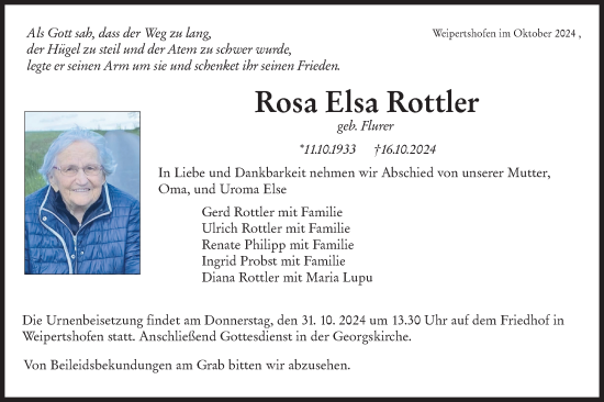 Traueranzeige von Rosa Elsa Rottler von Hohenloher Tagblatt