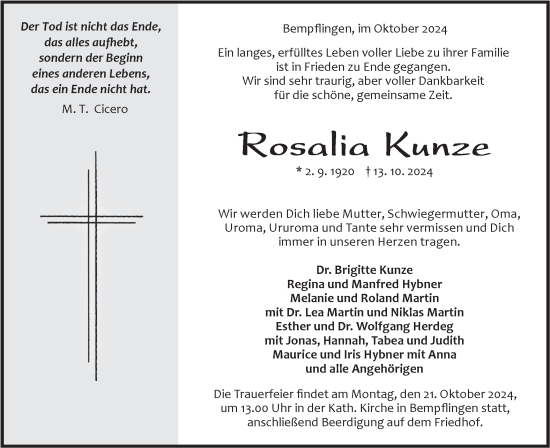 Traueranzeige von Rosalia Kunze von Alb-Bote/Metzinger-Uracher Volksblatt