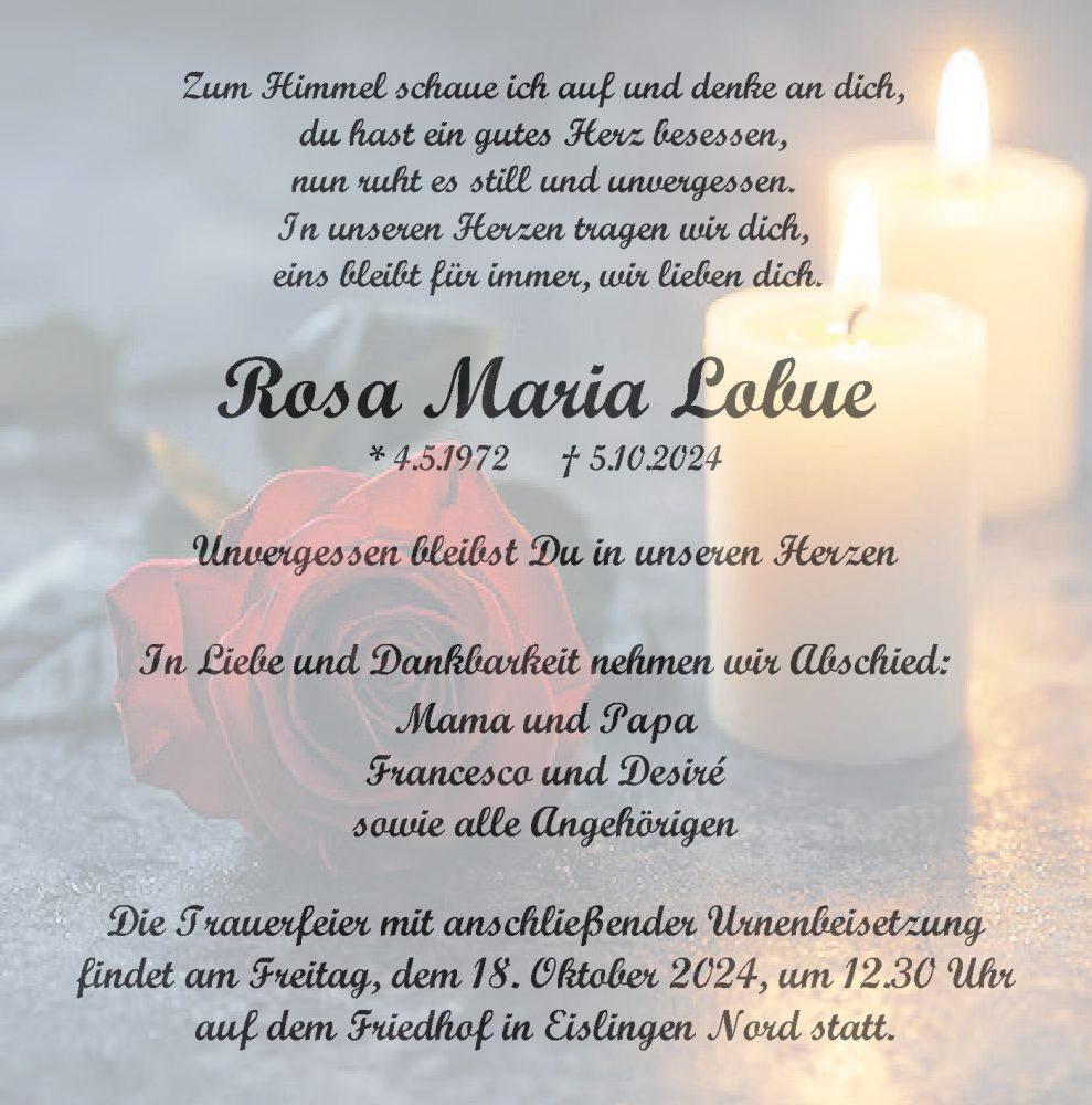  Traueranzeige für Rosa Maria Lobue vom 12.10.2024 aus NWZ Neue Württembergische Zeitung