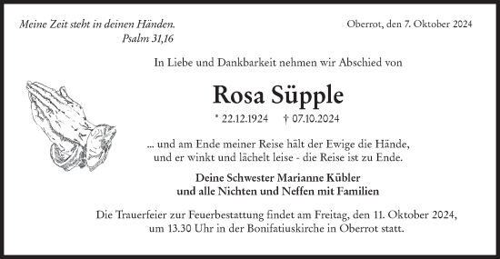 Traueranzeige von Rosa Süpple Süpple von Haller Tagblatt