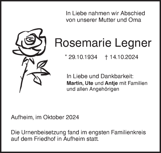 Traueranzeige von Rosemarie Legner von SÜDWEST PRESSE Ausgabe Ulm/Neu-Ulm