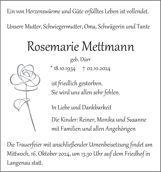 Traueranzeige von Rosemarie Mettmann von SÜDWEST PRESSE Ausgabe Ulm/Neu-Ulm