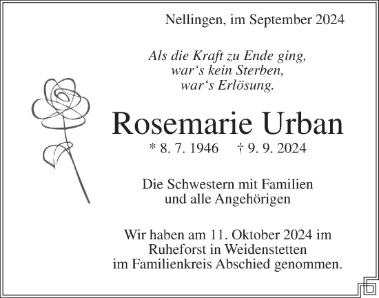 Traueranzeige von Rosemarie Urban von Geislinger Zeitung