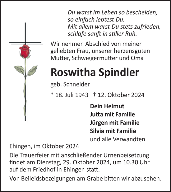 Traueranzeige von Roswitha Spindler von Ehinger Tagblatt