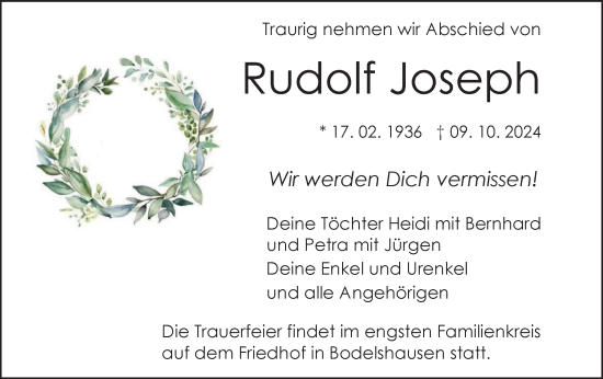 Traueranzeige von Rudolf Joseph von SÜDWEST PRESSE Zollernalbkreis/Hohenzollerische Zeitung