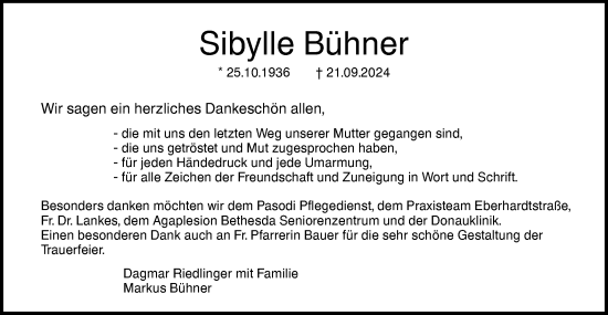 Traueranzeige von Sibylle Bühner von SÜDWEST PRESSE Ausgabe Ulm/Neu-Ulm