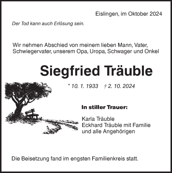 Traueranzeige von Siegfried Träuble von NWZ Neue Württembergische Zeitung