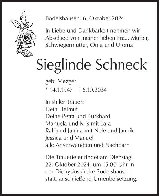 Traueranzeige von Sieglinde Schneck von Schwäbische Tagblatt