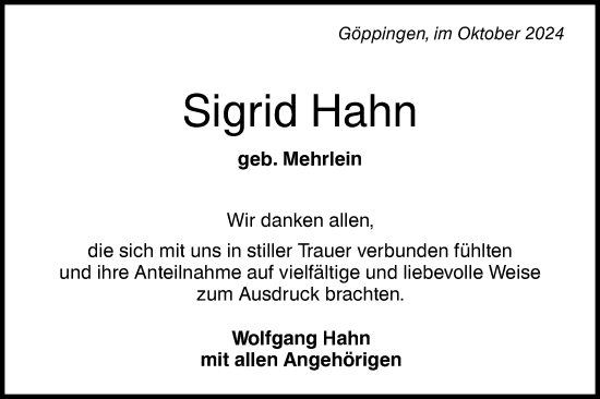 Traueranzeige von Sigrid Hahn von NWZ Neue Württembergische Zeitung