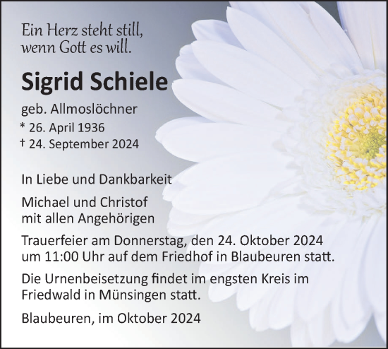 Traueranzeige von Sigrid Schiele von Das Blaumännle