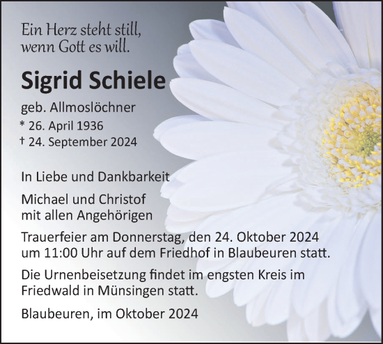 Traueranzeige von Sigrid Schiele von SÜDWEST PRESSE Ausgabe Ulm/Neu-Ulm