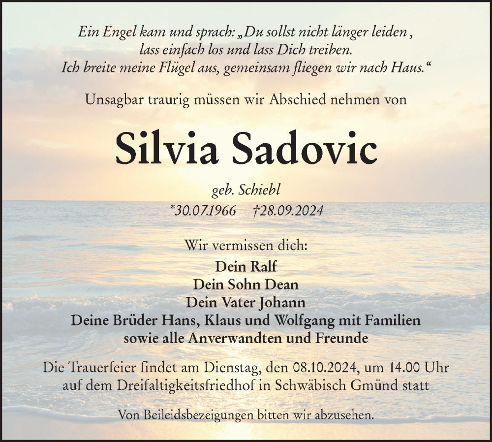  Traueranzeige für Silvia Sadovic vom 05.10.2024 aus Rundschau Gaildorf/Rundschau Gaildorf