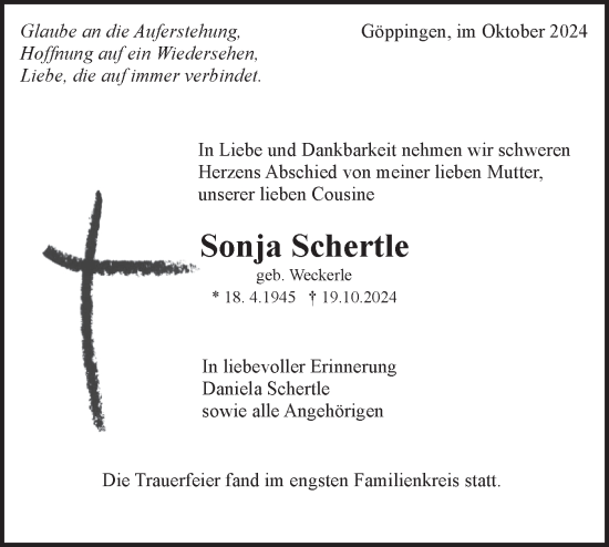 Traueranzeige von Sonja Schertle von NWZ Neue Württembergische Zeitung