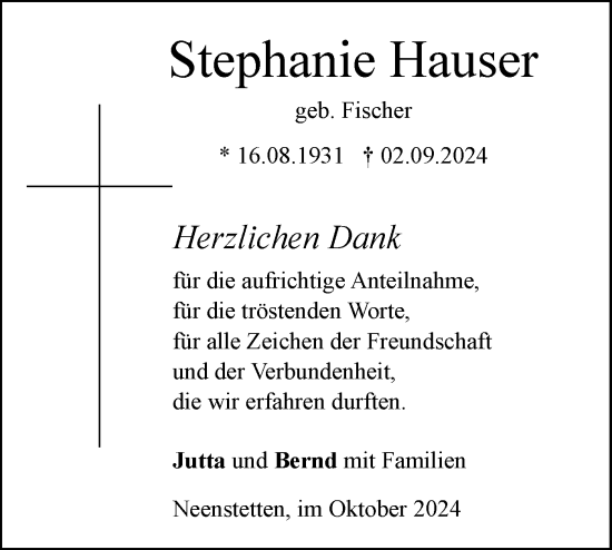 Traueranzeige von Stephanie Hauser von SÜDWEST PRESSE Ausgabe Ulm/Neu-Ulm