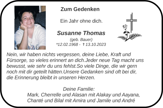 Traueranzeige von Susanne Thomas von Hohenloher Tagblatt