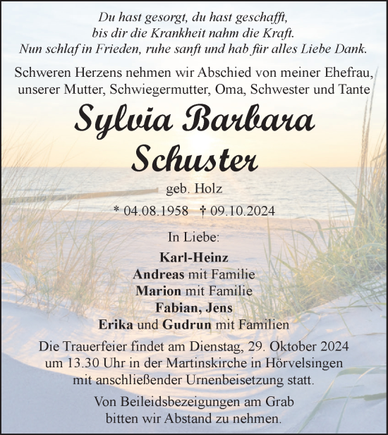 Traueranzeige von Sylvia Barbara Schuster von SÜDWEST PRESSE Ausgabe Ulm/Neu-Ulm