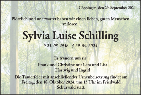 Traueranzeige von Sylvia Luise Schilling von NWZ Neue Württembergische Zeitung