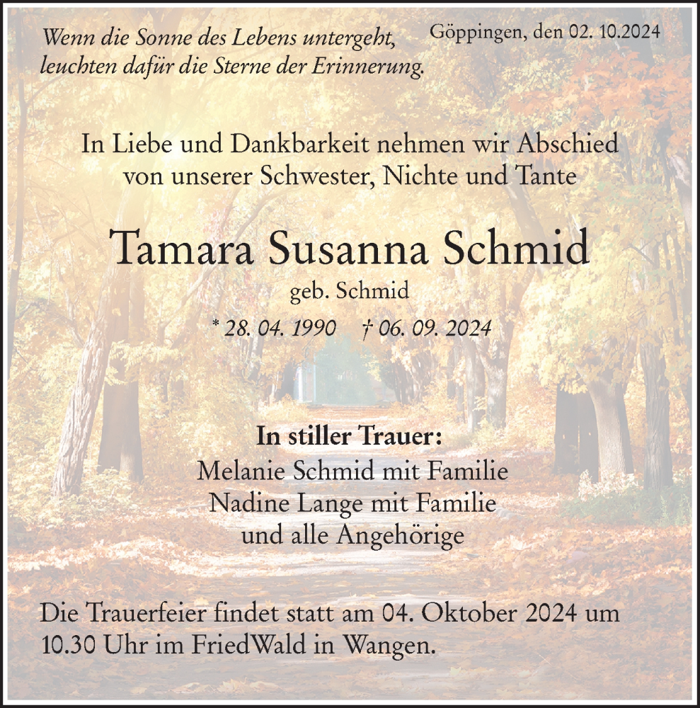  Traueranzeige für Tamara Susanna Schmid vom 02.10.2024 aus NWZ Neue Württembergische Zeitung/Geislinger Zeitung