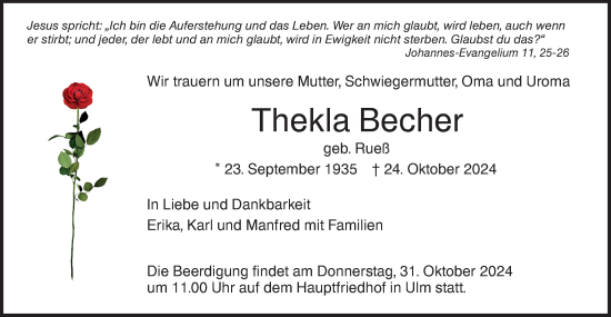 Traueranzeige von Thekla Becher von SÜDWEST PRESSE Ausgabe Ulm/Neu-Ulm