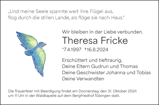 Traueranzeige von Theresa Fricke von Schwäbische Tagblatt