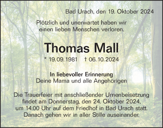 Traueranzeige von Thomas Mall von Alb-Bote/Metzinger-Uracher Volksblatt