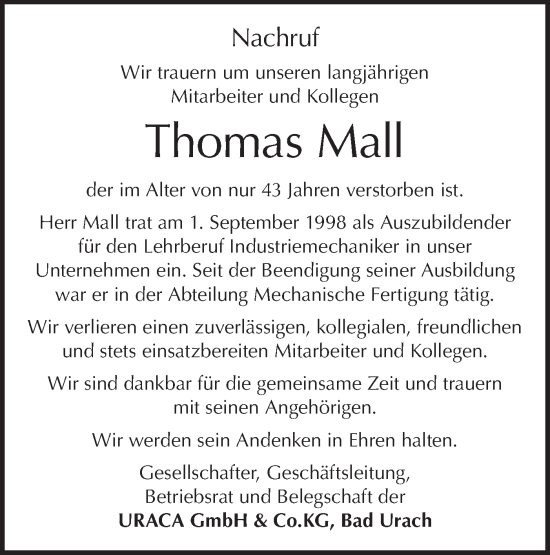 Traueranzeige von Thomas Mall von Alb-Bote/Metzinger-Uracher Volksblatt