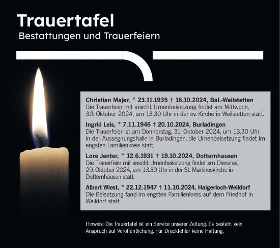 Traueranzeige von Totentafel vom 26.10.2024 von SÜDWEST PRESSE Zollernalbkreis/Hohenzollerische Zeitung