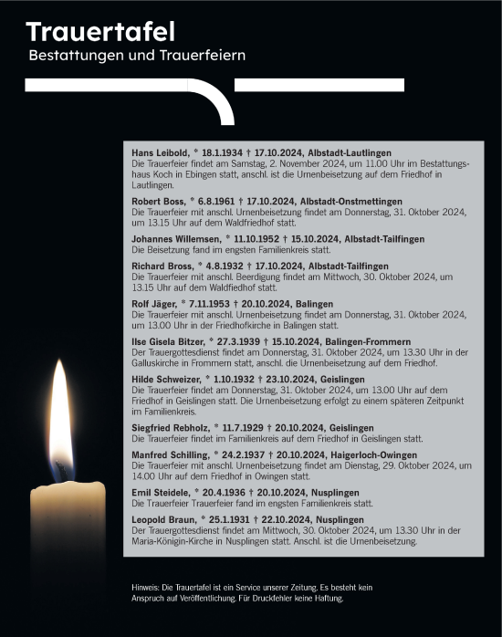 Traueranzeige von Totentafel vom 28.10.2024 von SÜDWEST PRESSE Zollernalbkreis/Hohenzollerische Zeitung