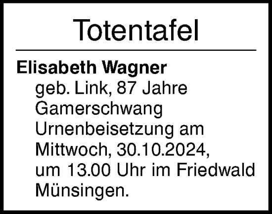 Traueranzeige von Totentafel vom 28.10.2024 von Ehinger Tagblatt