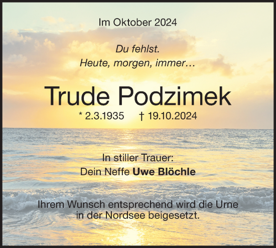 Traueranzeige von Trude Podzimek von Geislinger Zeitung