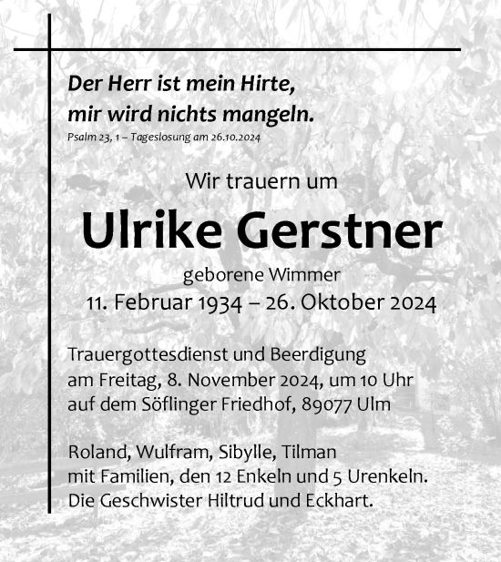 Traueranzeige von Ulrike Gerstner von SÜDWEST PRESSE Ausgabe Ulm/Neu-Ulm