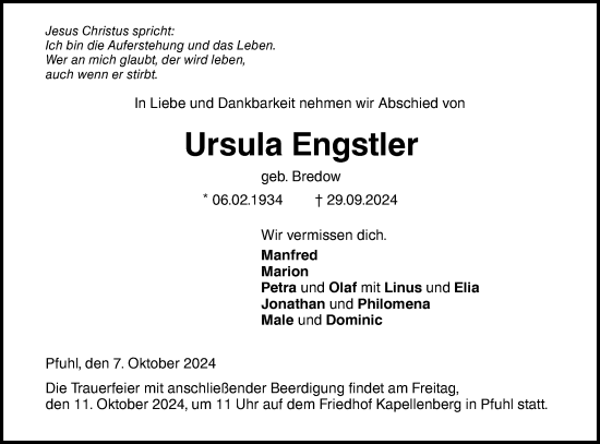 Traueranzeige von Ursula Engstler von SÜDWEST PRESSE Ausgabe Ulm/Neu-Ulm