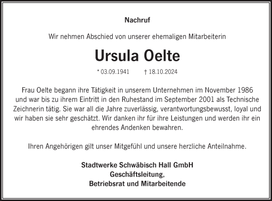 Traueranzeige von Ursula Oelte von Haller Tagblatt