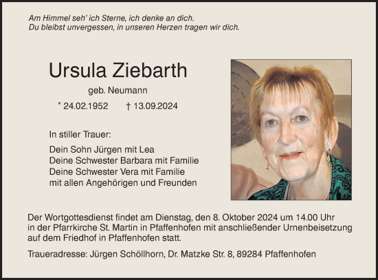 Traueranzeige von Ursula Ziebarth von SÜDWEST PRESSE Ausgabe Ulm/Neu-Ulm