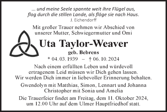 Traueranzeige von Uta Taylor-Weaver von SÜDWEST PRESSE Ausgabe Ulm/Neu-Ulm