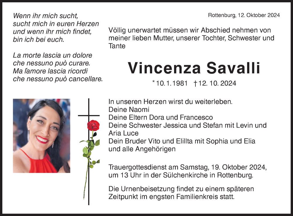  Traueranzeige für Vincenza Savalli vom 16.10.2024 aus Schwäbische Tagblatt