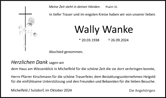 Traueranzeige von Wally Wanke von Haller Tagblatt