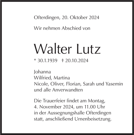 Traueranzeige von Walter Lutz von Schwäbische Tagblatt