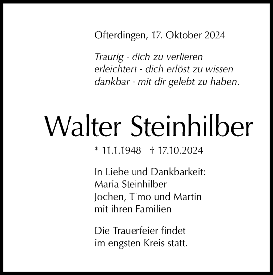 Traueranzeige von Walter Steinhilber von Schwäbische Tagblatt